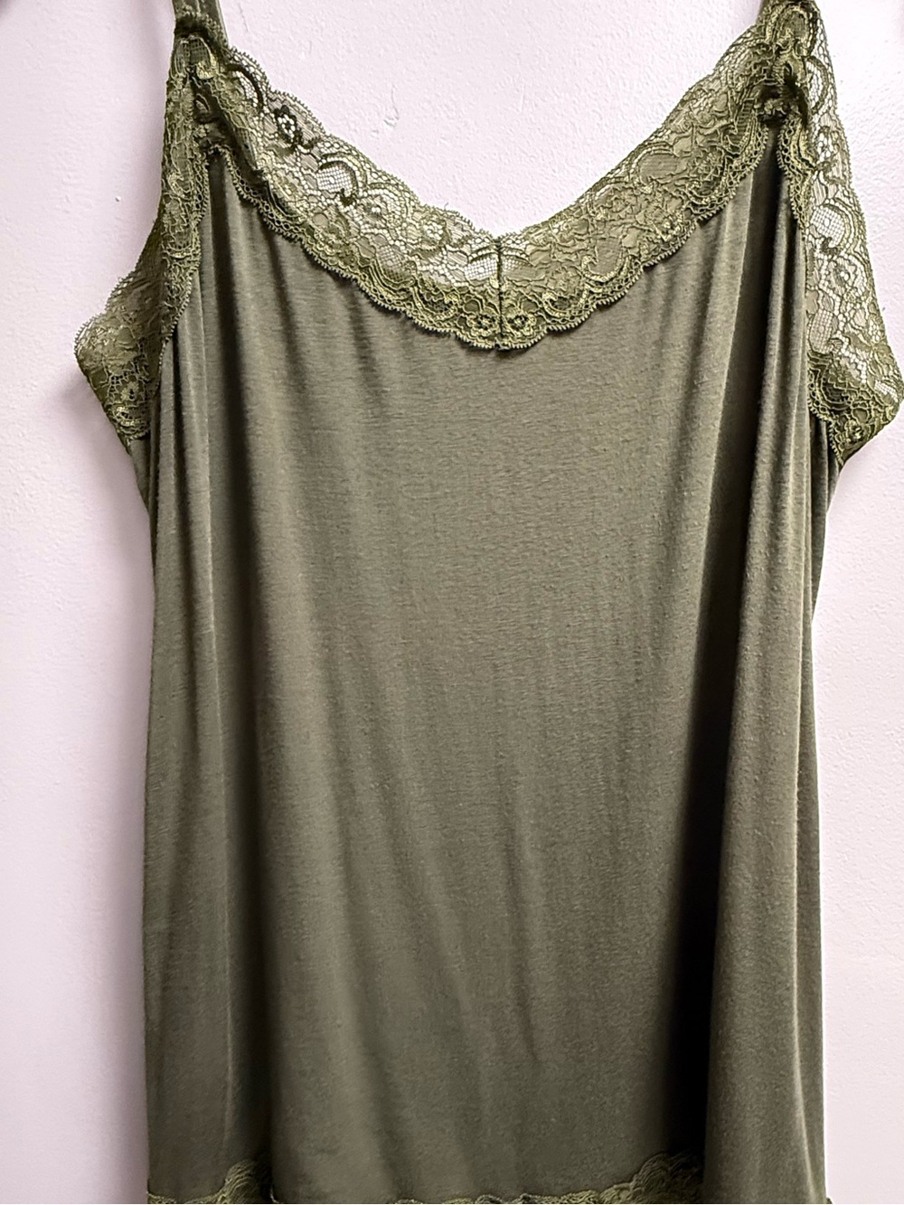 2/$29 on $29 Tops. VGUC Lane Bryant Olive Green Lace Trim Camisole Women’s 14/16